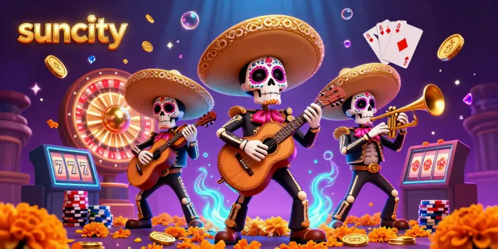 Experience the thrill at suncity with a vibrant mariachi band surrounded by cascading coins and spinning roulette.