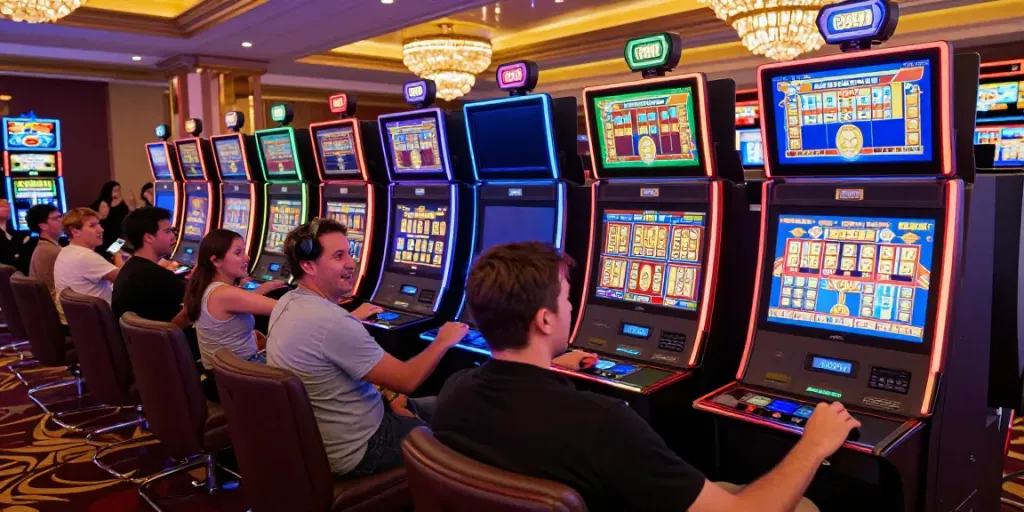 Players enjoying a thrilling slot online experience in a vibrant casino setting.