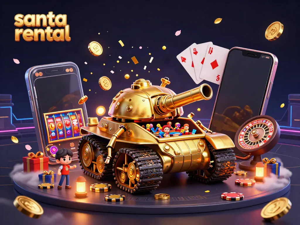 Engage in a festive santa rental experience with a vibrant casino-themed tank illustration