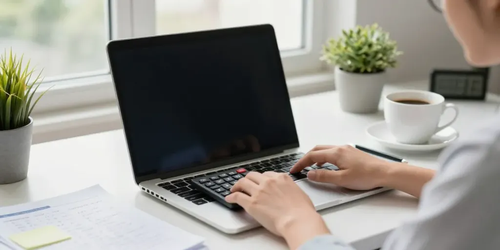 Calculator Online tools in an inviting workspace with a laptop, notes, and coffee.