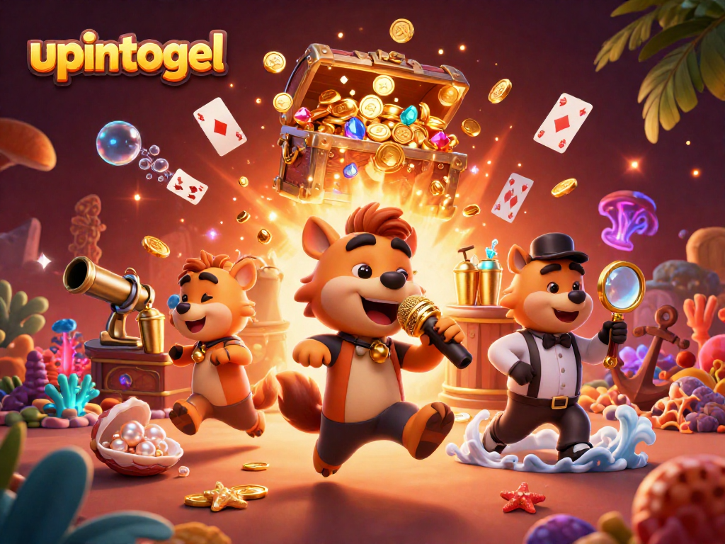 Engage with upintogel in a lively casino themed scene featuring hyenas and vibrant game elements.