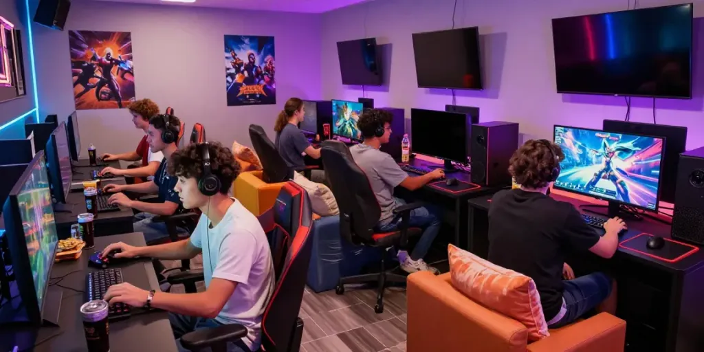 Dynamic gaming atmosphere highlighting rokok88 experiences with friends, colorful lounge, and modern setups.