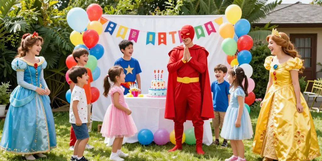 Party characters for kids engaging with children at a lively birthday party with colorful decorations.