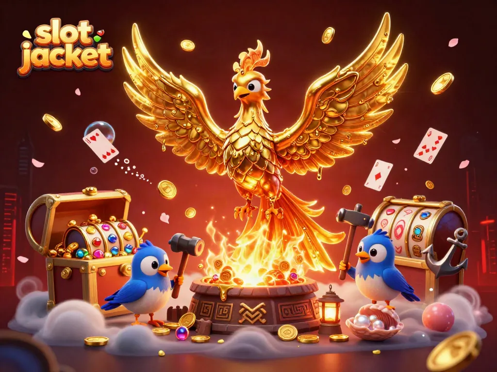 Witness the stunning slot jackpot transformation as molten gold pours from a phoenix, surrounded by vibrant gaming elements.