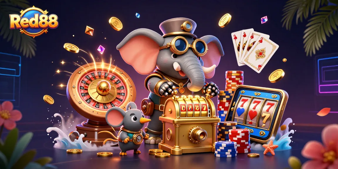 Experience the fun with Red88 as a 3D steampunk elephant engages players at a vivid casino scene.