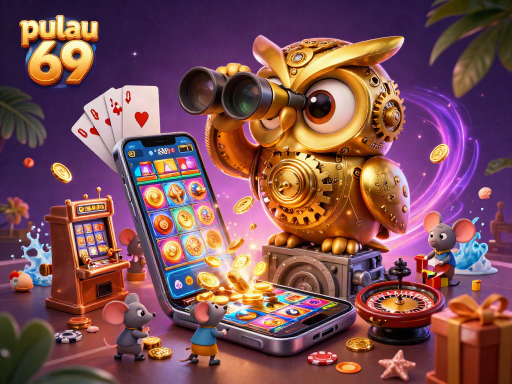 Engage with pulau 69 in a vibrant casino scene featuring an owl and whimsical mice.