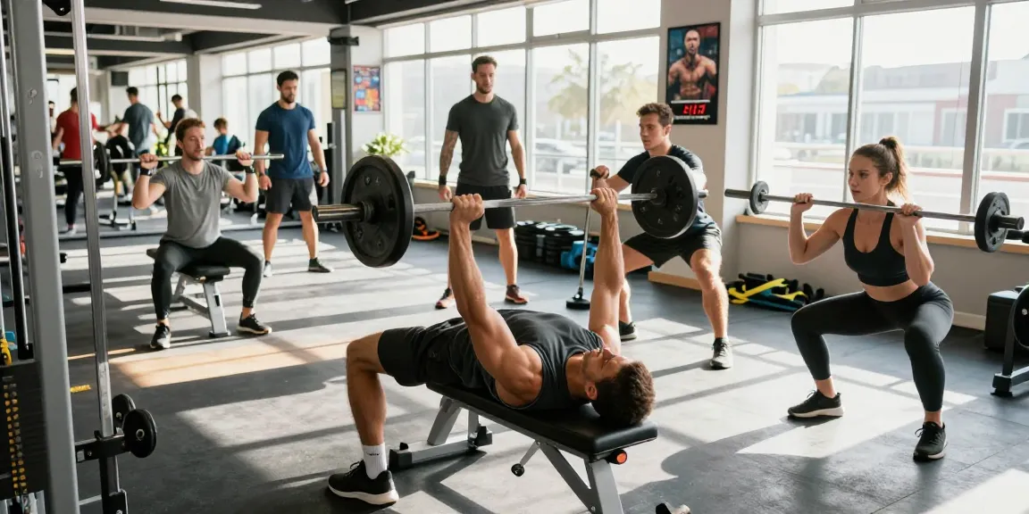 Astera Shop dynamic fitness scene with athletes strength training in a modern gym.
