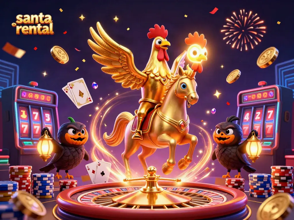 Experience festive excitement with a vivid scene of santa rental amidst lucky symbols in a casino.