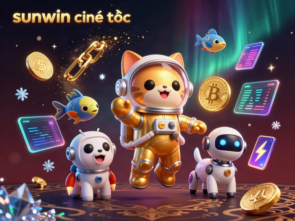 Experience sunwin chính thức with a cat astronaut and dog robot in a space casino scene filled with crypto elements.