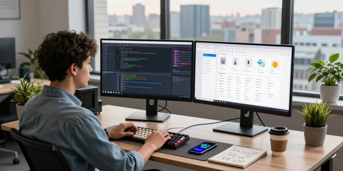 Dynamic workspace featuring an rti scheduler setup with developer coding at dual monitors and vibrant environment.