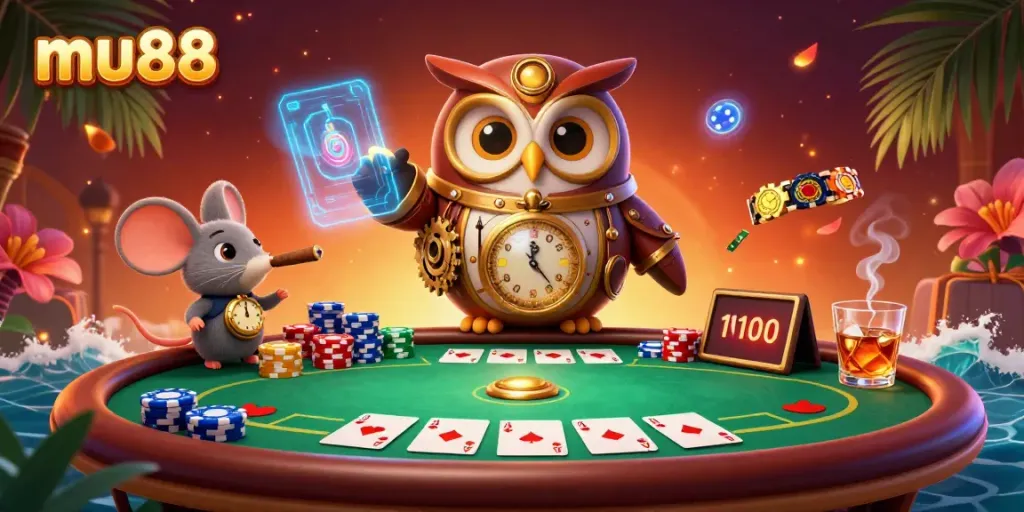 Experience advanced poker strategies at mu88 with a steampunk owl amidst vibrant casino elements.