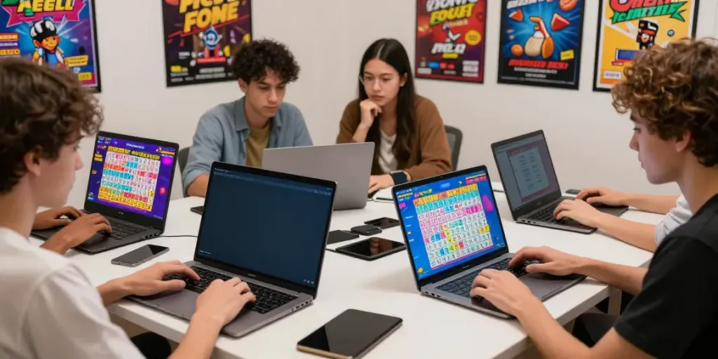 Engaged players participating in togel online games with digital devices and lively chat.