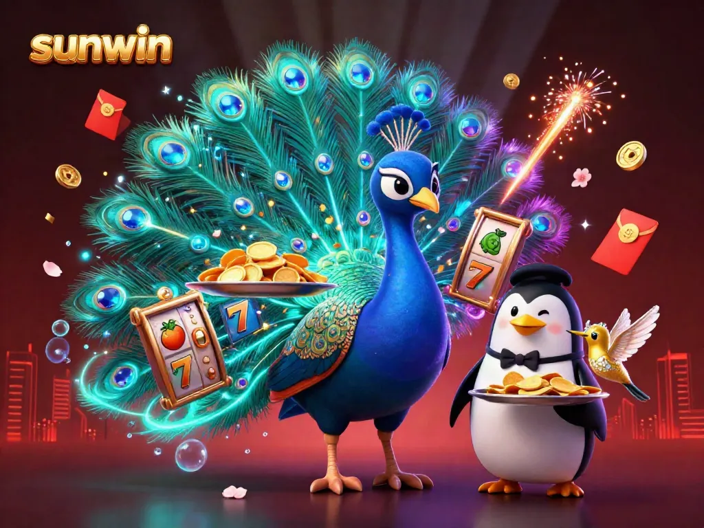 Sunwin slots come alive with golden chips, a peacock, and vibrant gaming elements.