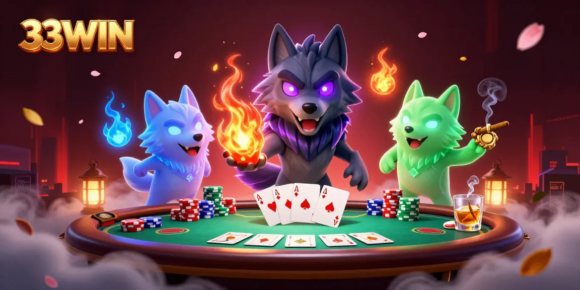 Engage with 33WIN’s thrilling poker scene featuring wolf companions and vibrant game elements.