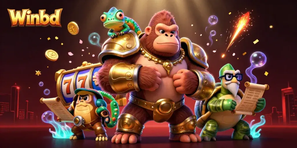 Engage with Winbd's thrilling slots, featuring a powerful gorilla king, chameleon companion, and a wise tortoise.