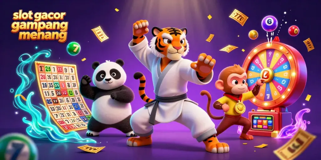 Experience thrill in slot gacor gampang menang with colorful characters and exciting game elements in a vibrant casino illustration.