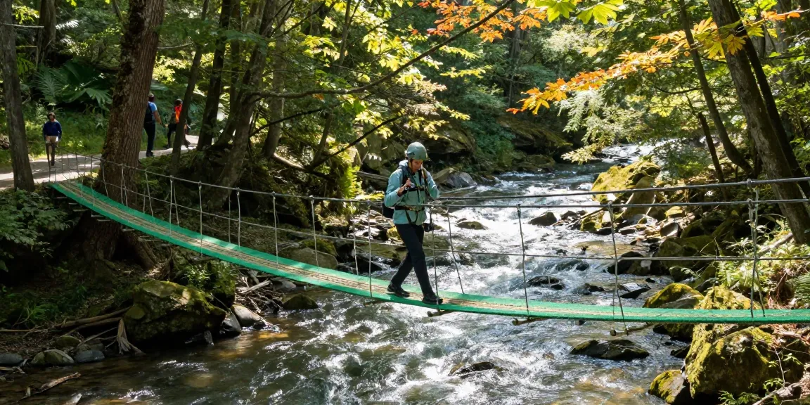 Crossing a river rope bridge in a lush forest setting, showcasing outdoor adventure.