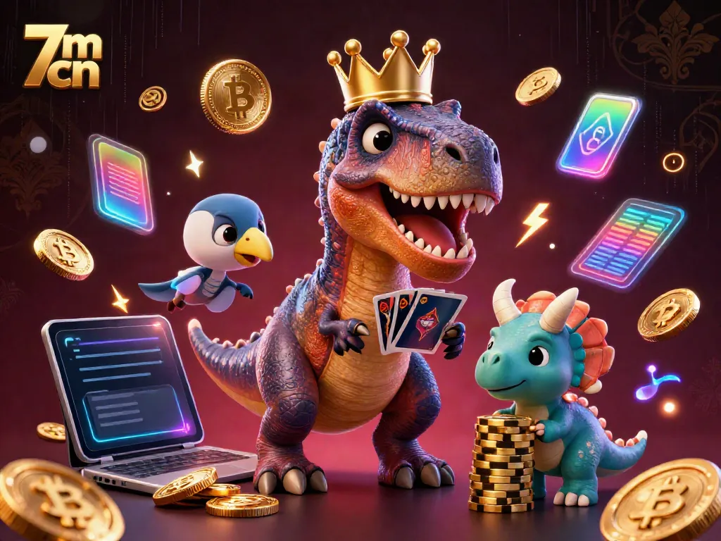 Experience the excitement of 7m cn with a T-Rex shuffling cards, pterodactyl assistant, and golden chips!