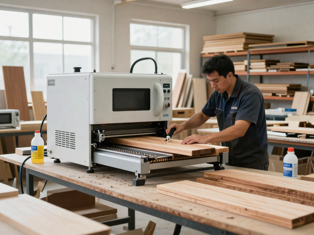 Shashel equipment in a modern workshop effectively eliminating wood pests with microwave technology.