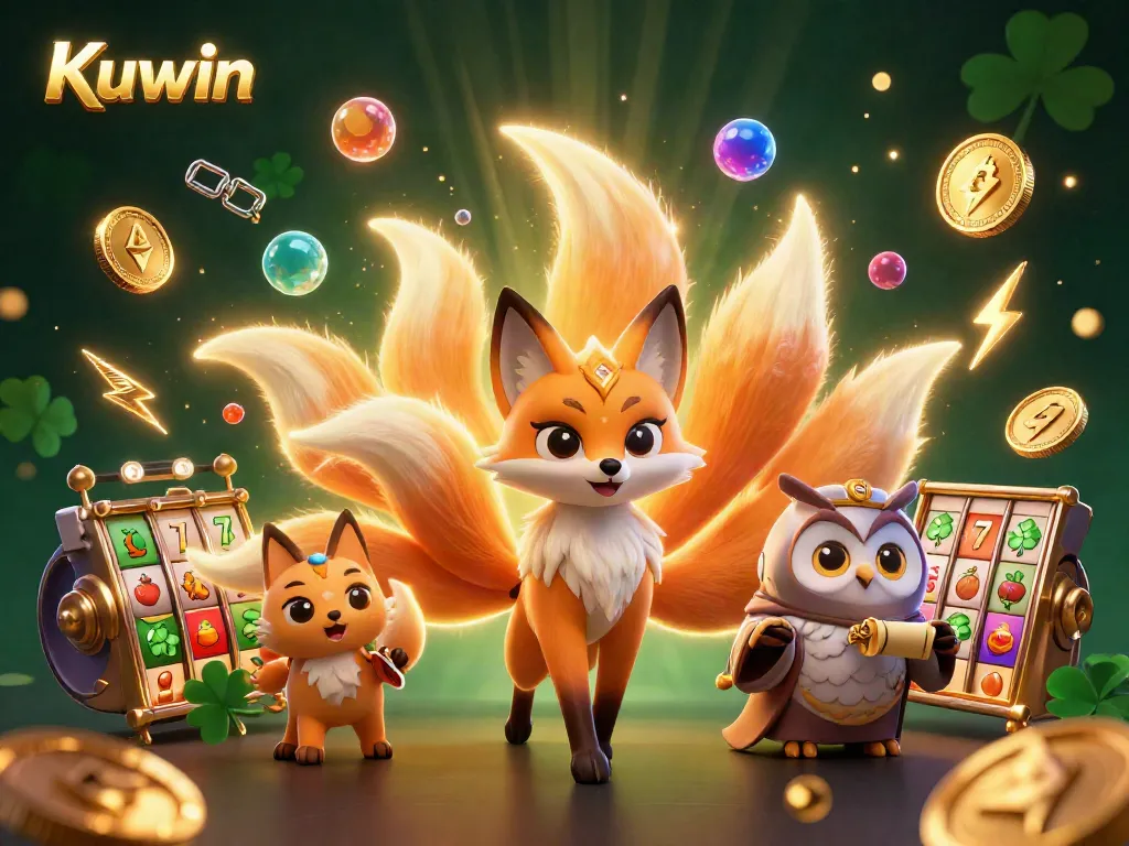 Kuwin showcases a beautiful 3D fox spirit, owl sage and casino elements, creating a vibrant gaming atmosphere.