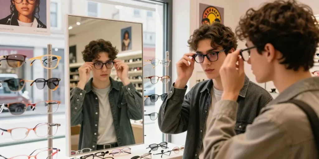 Óculos de grau em diversas armações sendo experimentados em loja de moda.