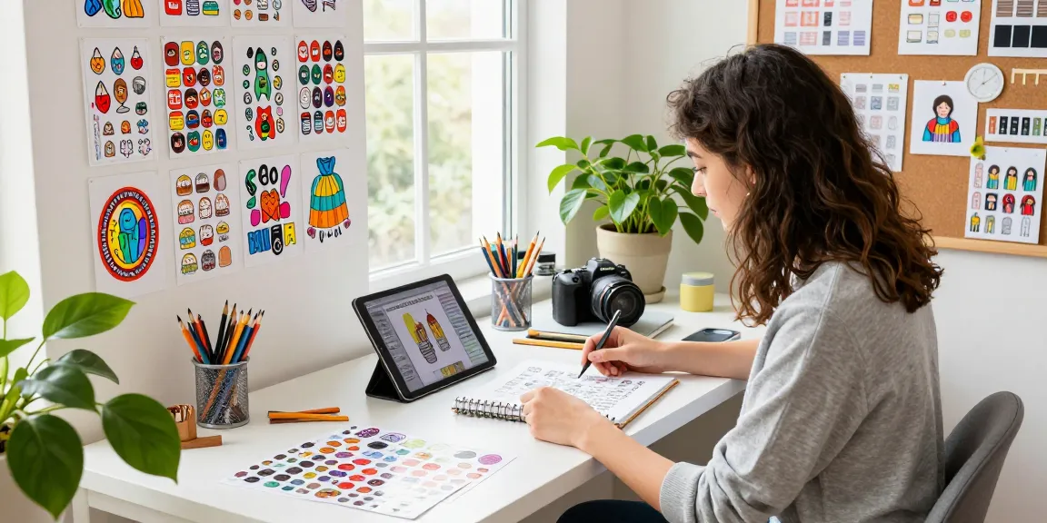 Creative workspace with custom stickers design tools and colourful sticker sheets on display.