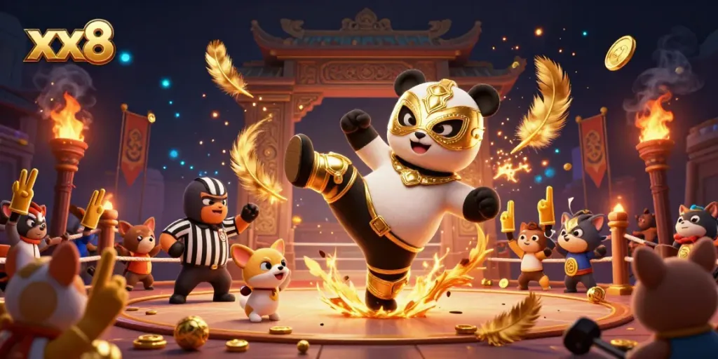 Experience thrilling action with the xx8 panda wrestler kicking in a vibrant casino setting.