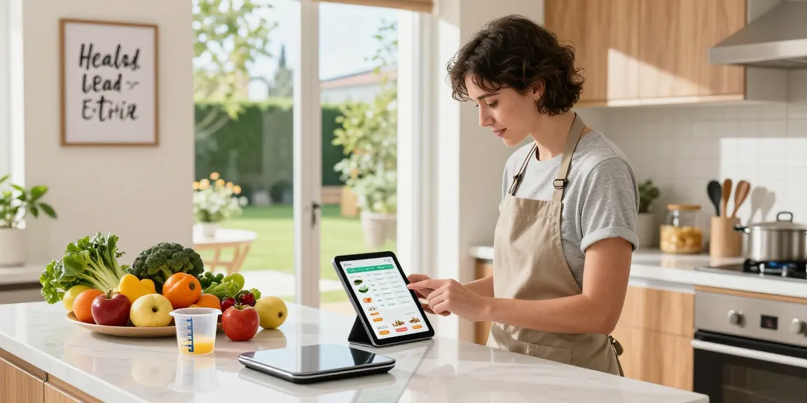 Logging meals on the best calorie tracking app in a bright kitchen with fresh ingredients and a scale.