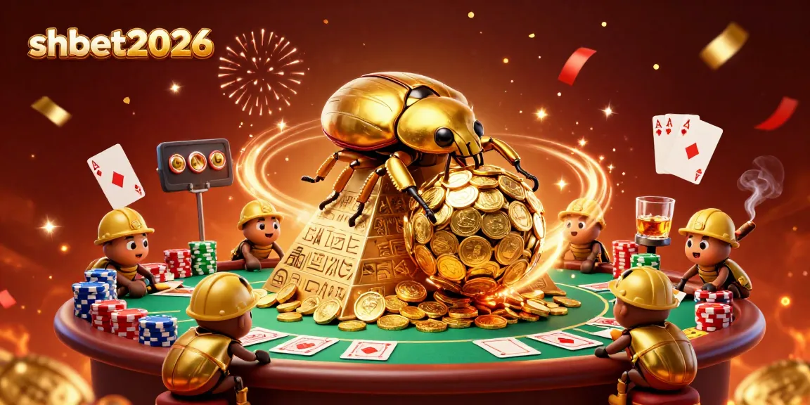 Experience the excitement of shbet2026 with a vibrant 3D casino scene showcasing golden beetles, poker elements, and celebratory confetti.