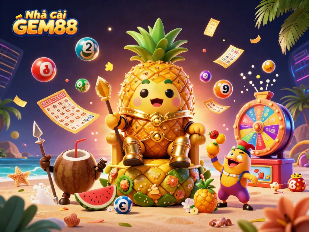 Experience thrilling games at Nhà cái GEM88 featuring vibrant lottery balls and winning characters.