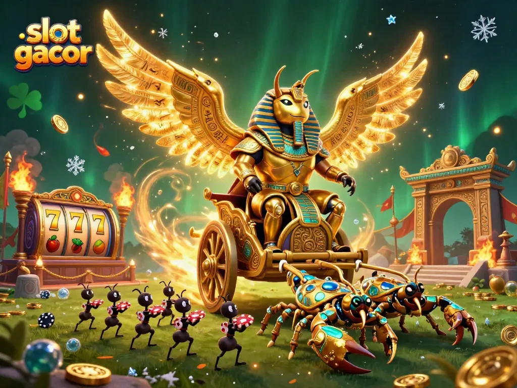 Engage with slot gacor games featuring a golden scarab and dynamic casino elements.