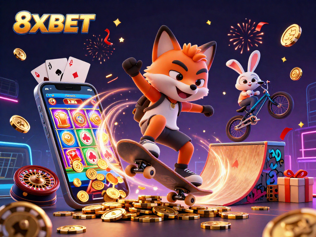 Experience thrilling gameplay with 8XBET featuring animated characters and vibrant casino elements.