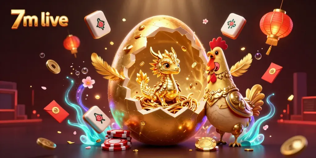 Experience the excitement of 7m live scores with a captivating 3D illustration of gold treasures and dynamic gambling elements.