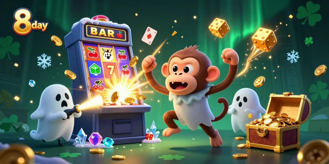 Engage in thrilling games at 8 day casino, with cartoon characters surrounded by a vibrant casino scene.