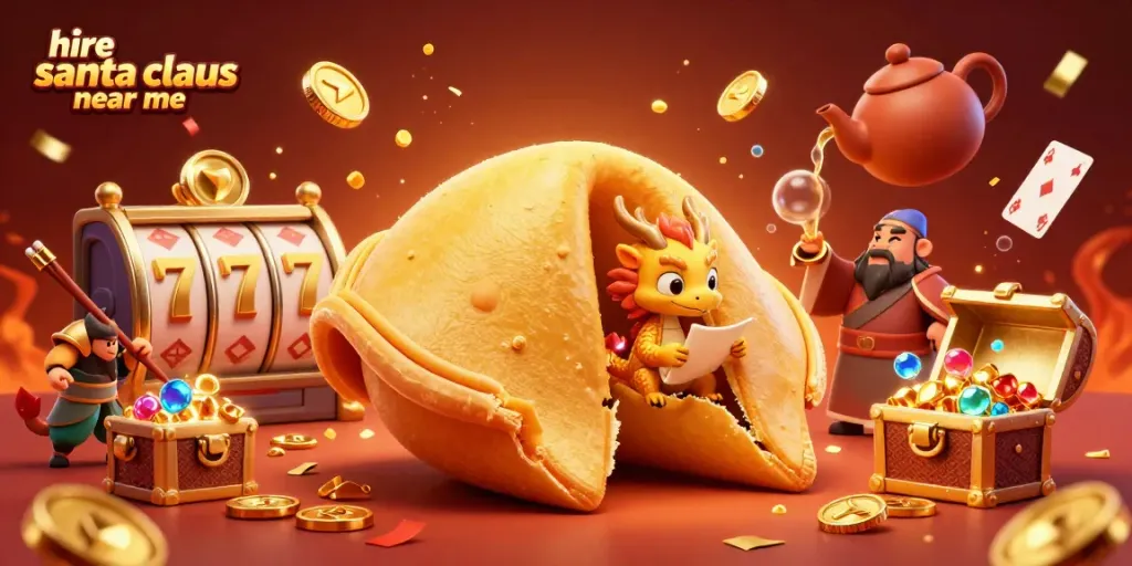 Hire Santa Claus near me as a dragon reads fortune inside a golden cookie, surrounded by casino riches.
