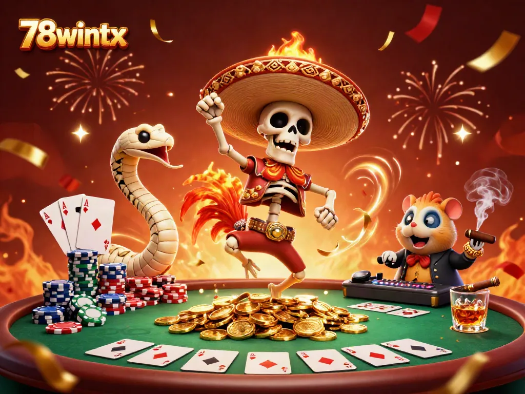 Experience exciting gaming dynamics at 78wintx with a festive casino scene featuring lively characters.