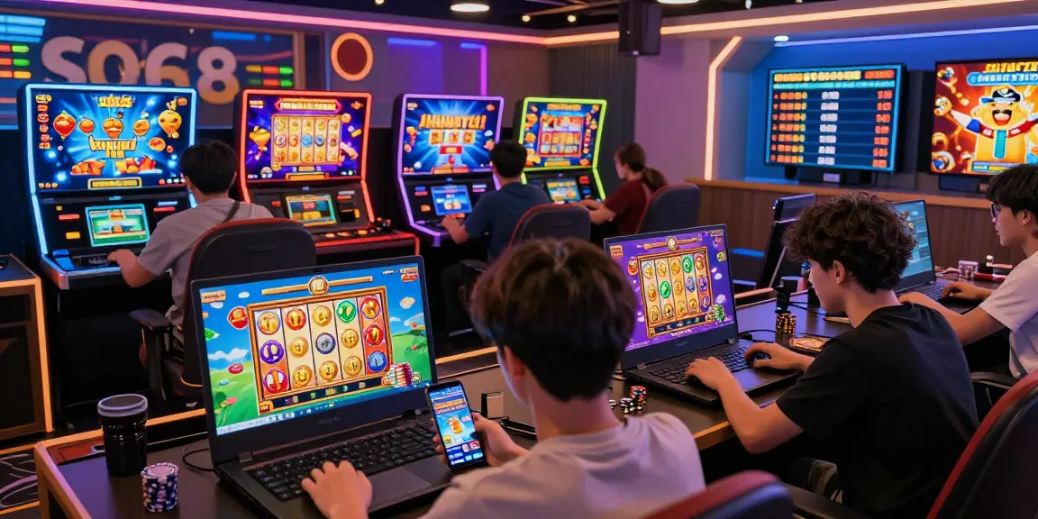 Players enjoying slot88 online games in a vibrant, dynamic gaming room, showcasing colorful graphics and exciting wins.
