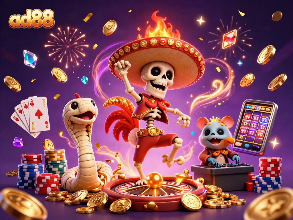 ad88 showcases a vibrant 3D scene with a mariachi rooster dancing amidst cascading coins and casino elements.