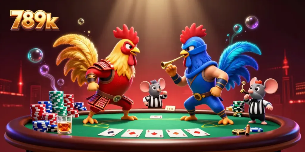 Witness the thrilling standoff of roosters symbolizing the spirited essence of 789k in this dynamic casino scene.