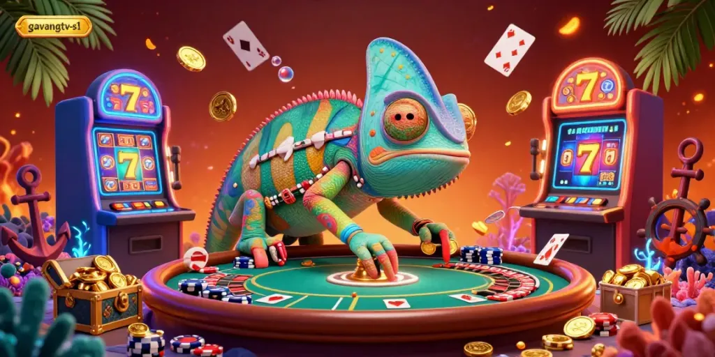 A colorful chameleon casino owner at gavangtv-s1 captures coins in a vibrant casino scene.
