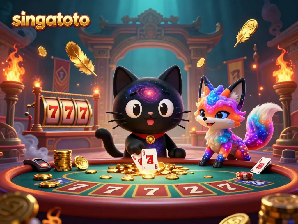 Engage with singatoto's vibrant gaming universe as the black hole cat pulls chips at a cosmic casino.