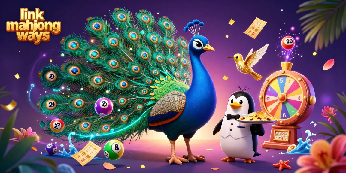 Spin the excitement with link mahjong ways as peacock, penguin, and hummingbird celebrate vibrant lottery gameplay.