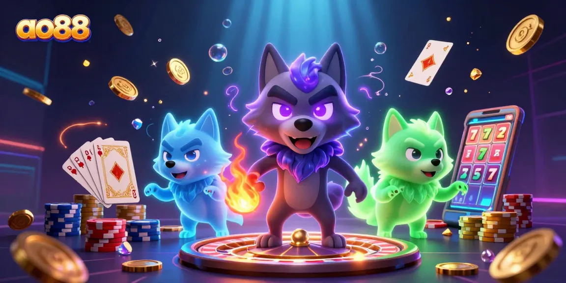 Feel the thrill with ao88 as ghostly wolves lead a vibrant casino scene filled with coins and excitement.