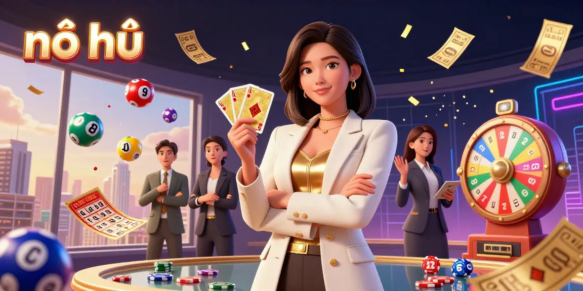 Experience the thrill of nổ hũ with a captivating illustration featuring dynamic lottery elements and a powerful character.