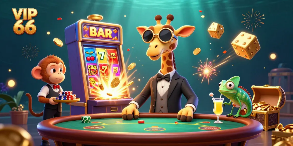Experience the excitement of VIP 66 with a winning giraffe, monkey valet, and chameleon bartender amidst a jackpot explosion.