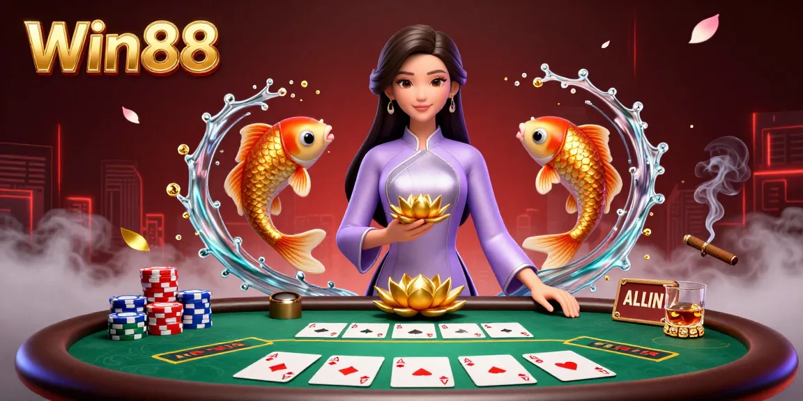 Win88 gaming experience featuring a vibrant 3D scene with poker elements and elegant characters.