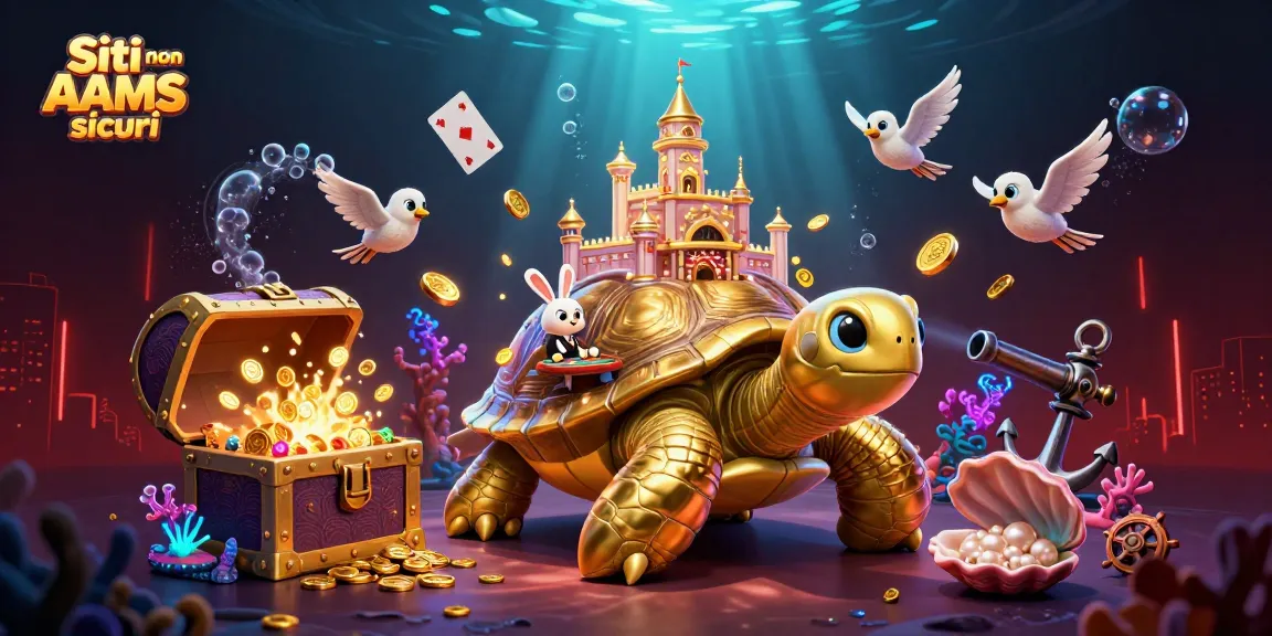 Gioca nei Siti non AAMS sicuri e sperimenta un'illustrazione 3D ricca di dettagli con tortuga dorata e un casinò sul guscio.