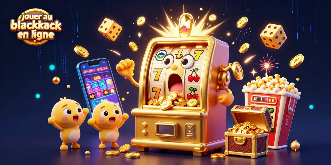 Jouez au blackjack en ligne avec cette illustration dynamique incluant des machines à sous et des effets de jackpot.