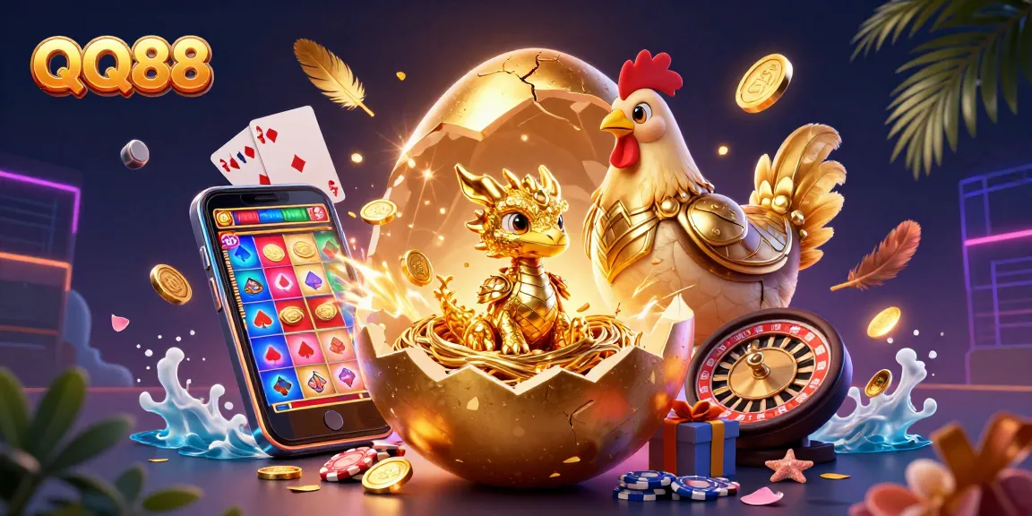 Experience the excitement of QQ88 with a golden dragon and poker chips in a vibrant casino scene.
