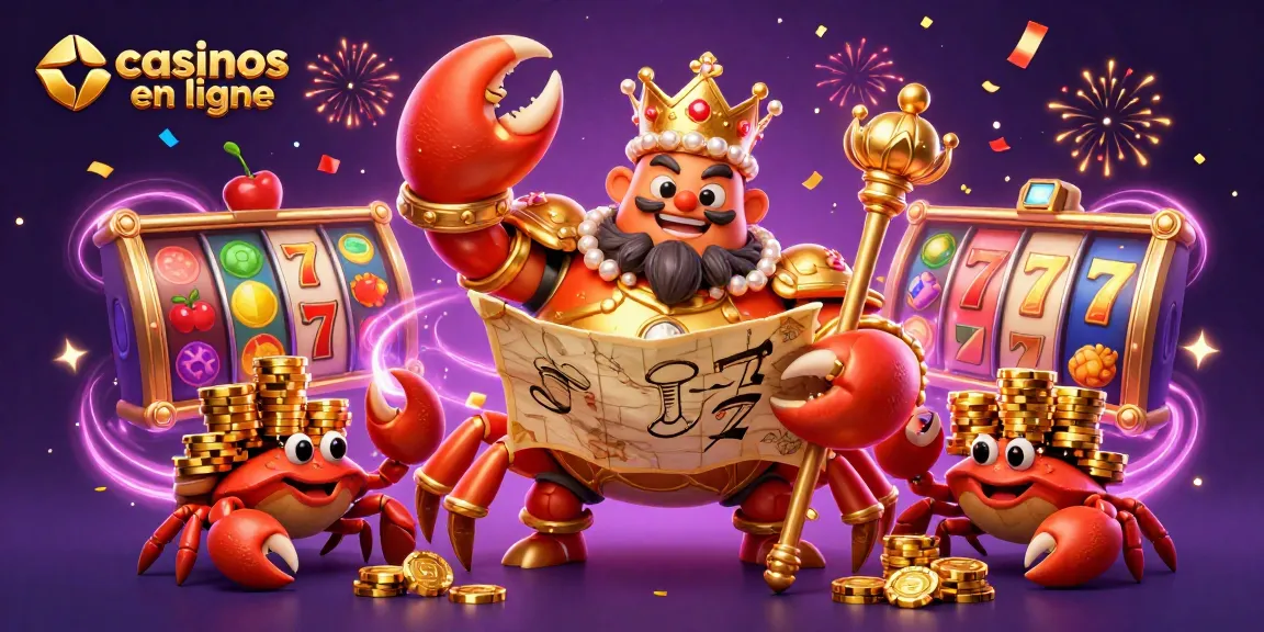 Profitez de jeux de casino captivants dans des casinos en ligne avec un crabe empereur tenant des trésors.
